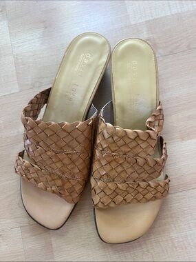 David Tate Woven Tan Leather Slide Mules